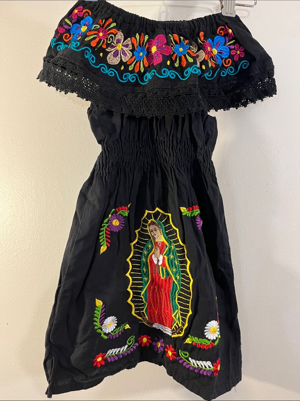 Girls' Black Off-Shoulder Embroidered Dress with Colorful Floral Trim